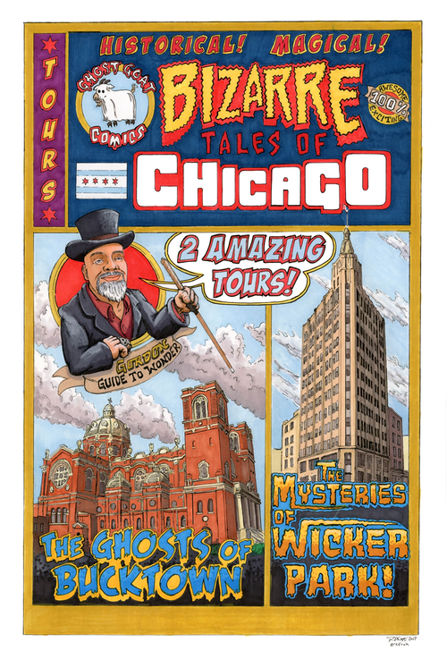 comic-style poster showing Gordon Meyer, St Mary of the Angels Church, and Northwest Tower